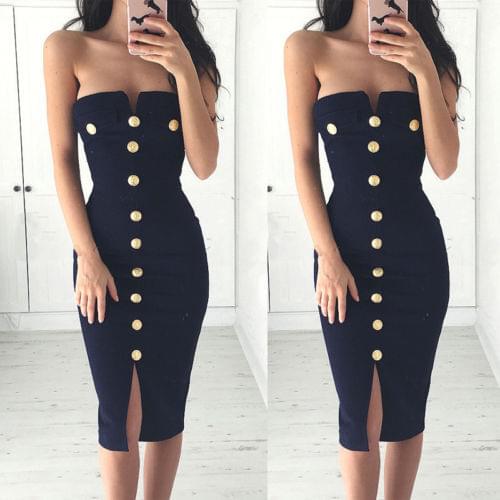 Women Office Ladies Summer Button Sheath Dresses Strapless Sleeveless Bodycon Evening Party Solid Short Knee Length Dress
