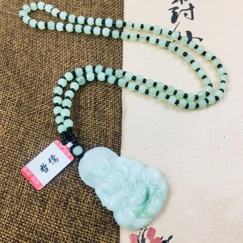 Zheru Jewelry Pure Natural Jadeite Carved Light Green Guanyin Guardian Pendant with Green Bead Sweater Chain Send Certificate