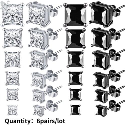 ZS 6prs/lot Stainless Steel Ear Studs Earring Silver Black Plated Zirconia Earring Studs for Women Charm Helix Cartilage Earring
