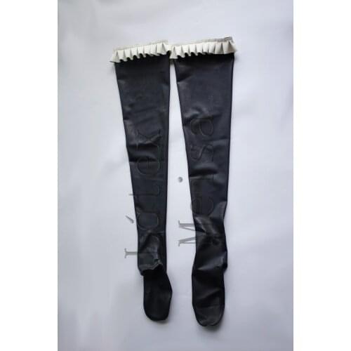 100% natural lingerie latex stockings in black color with white flower trims for women