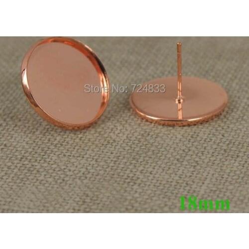 18mm New Rose Golden Plated Brass Blank Bases Round Bezel Tray Cameo Cabochon Pin Stud Earrings Post Settings Findings Wholesale