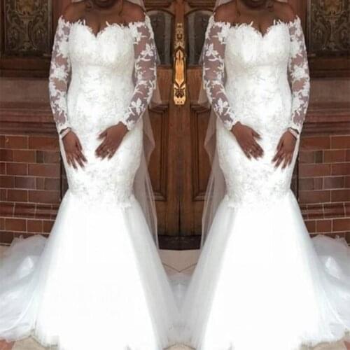 2020 New Sweetheart Collar Elegant Embroidered Lace White Long Sleeve Mermaid Wedding Wedding Dress Plus Size