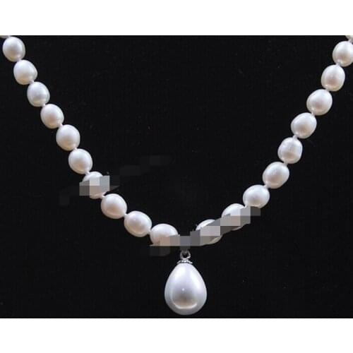7-8MM White Freshwater Cultured Pearl/ Shell Pearl Pendant(12x16MM) Necklace