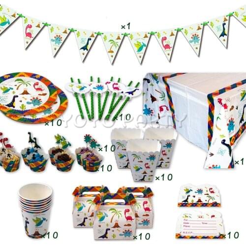 82Pcs for 10kids Dinosaur Dino theme birthday party supplies tableware set, plate+cup+straw+banner+tablecover ect