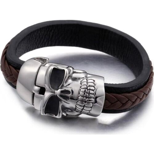 Granny Chic Men Genuine Leather Bracelets Rock Punk Silver Color Skull Stainless steel Buckle Charms Cuff Bracelets Bangles