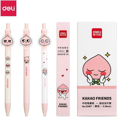 Deli Cute Gel Pen Set 12pcs KAKAO Friends 3pcs Peach Pen 9pcs Refill Kawaii Korean Stationery School Supplies Cartoon Kids Gifts