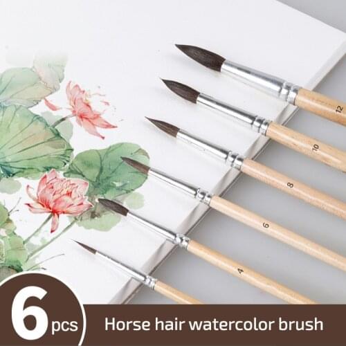 Zhouxinxing 6pcs/Set Hook line pen Watercolor gouache painting brush horse hair wood short rod Drawing Art Supplies