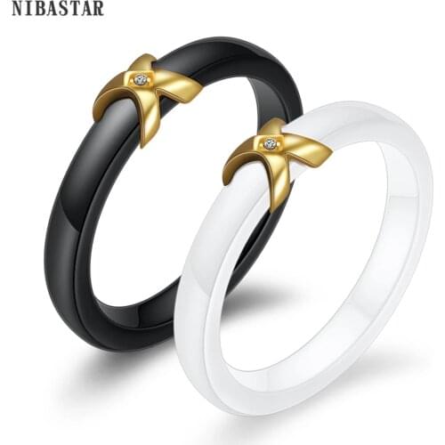 NIBASTAR Simple X Ceramic Ring For Woman Crystal Black/White Ceramic Fashion 3mm Rings Hight Quality Jewelry Gift