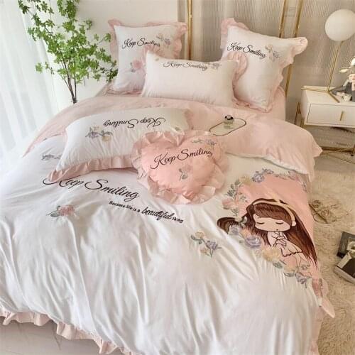 Cartoon Princess Girl Flowers Embroidery Bedding Set 100% Cotton Duvet Cover Set Quilt Cover Bed Comforter Set Bed Linen Pillow