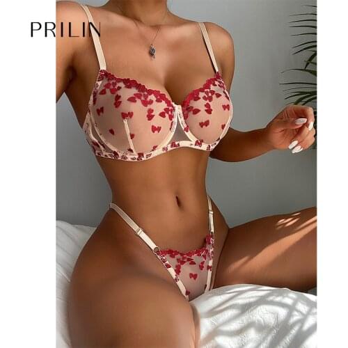 PRILIN Women Sexy Lingerie Sets Transparent Red Heart Adjustable Straps Underwire Bras See Through Sex Panties Erotic Underwear
