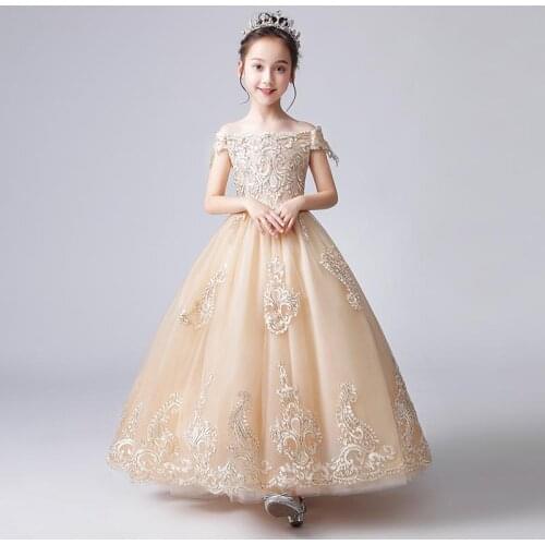 Flower Girl Lace Long Wedding Dress New Flower Girls Ball Gone Down Party Exchange Dress Elegant Beauty Sexy Shoulder Dress K272