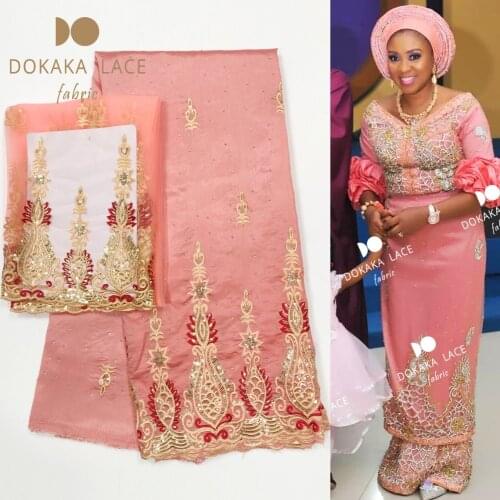 2019 New Arrival Rhinestones George Lace Fabric With 2 Yards Net Lace Sequined Embroidered Fabric Peach Bride Noble Dress Laces