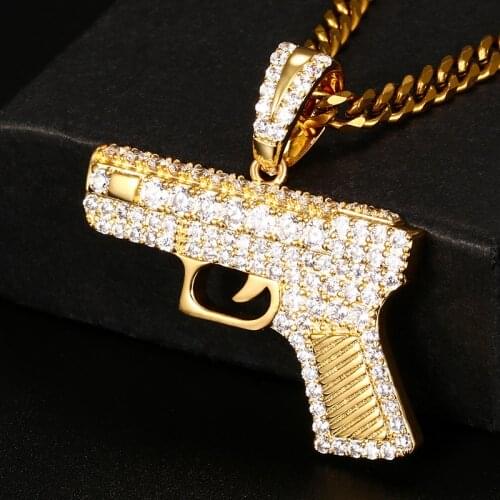 Brass Full CZ GUN Shape Pendant Hip Hop Jewelry Necklace Mens Iced Out Pendant Jewelry