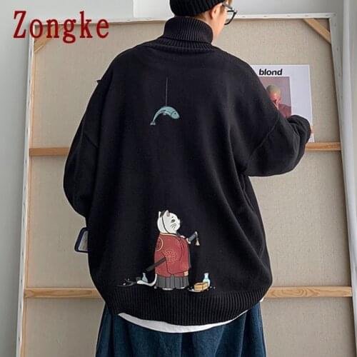 Zongke Samurai Cat Print Knitted Turtleneck Sweater Men Clothing Turtleneck Men Sweater Fashion Pullover Men Sweaters M-3XL 2021
