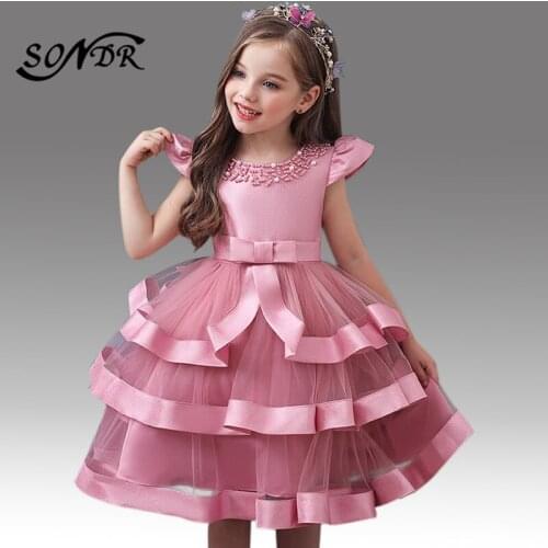Pink Tiered Princess Ball Gowns HT223 O-Neck Short Sleeve Zipper Flower Girl Dresses Beading Little Girls First Communion Dress