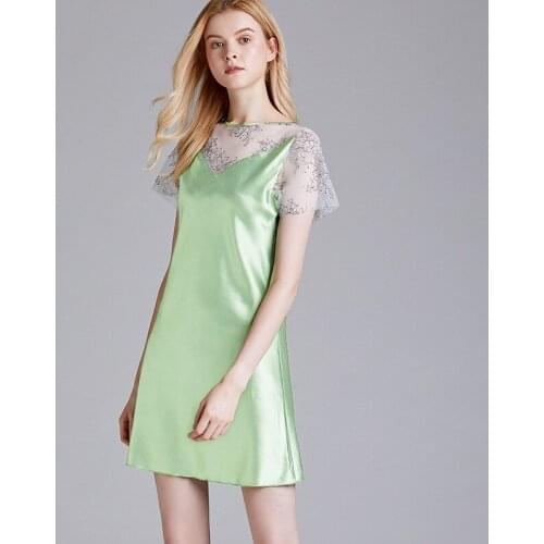 Sexy Nightwear Summer Satin Faux Silk Short Nightgown Short Nightdress Round Neck Above Knee Lace Sleepwear New Style