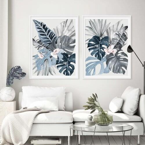 Blue Blue Palm Leaf Posters and Prints Modern Hamptons Style Art Canvas Painting Coastal Pictures Home Wall Art Decor