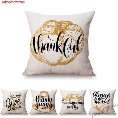 Nordic Thanksgiving Day Home Decoration Letter Print Sofa Pillow Case Cotton Linen Autumn Leaf Pumpkin Turkey Car Cushion Cover