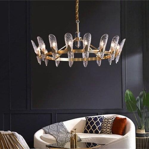 Post Modern Luxury All Copper Chandelier Living Dining Room Hotel K9 Crystal LED Pendant Light E14 Glass Lampshade Hanging Light