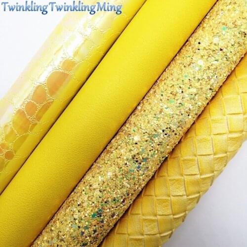 YELLOW Glitter Fabirc, Faux Leather Fabric, Weaving Synthetic Leather Fabric Sheets For Bow A4 21x29CM Twinkling Ming XM580