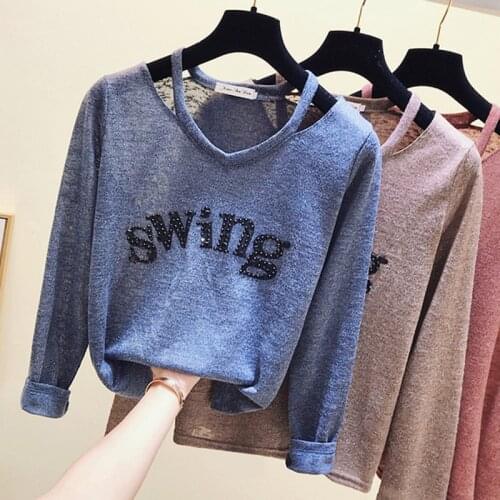 Tee Shirt Femme Letter Women T-Shirt Hollow Out Long Sleeve Korean Style 2021 Slim Basic Elasticity Tshirt Tops Womens Clothing