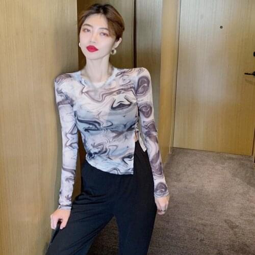 Korean Version Of Print Long Sleeve Top Women Casual Summer Spring Aesthetic Harajuku Cut Out Sexy T Shirts
