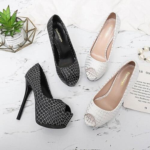 2019 Women Shoes Fish Mouth Platform Women Pumps Ultra High Heels 14cm Peep Toe Shallow Ladies Single Shoes Female Banquet Shoes