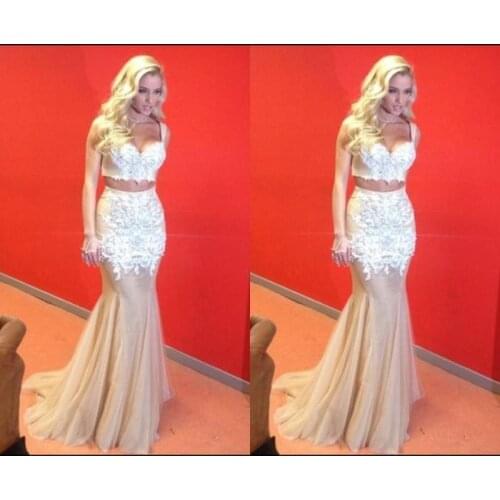 Free shipping 2018 Cap Sleeves long 2 Pieces Prom Champagne Appliques Sleeveless Mermaid party gown vestido bridesmaid dresses