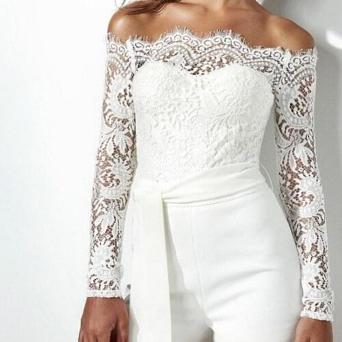 70% Hot Sell Party Sexy Women Solid Color Off Shoulder Long Sleeve Bandage Lace Jumpsuit