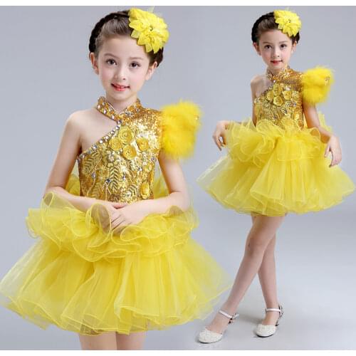 Enfant Robe De Mariage Beading Flowers Yellow One Shoulder Children Girls Pageant Gowns Tulle Little Girl Party Dresses for Kids