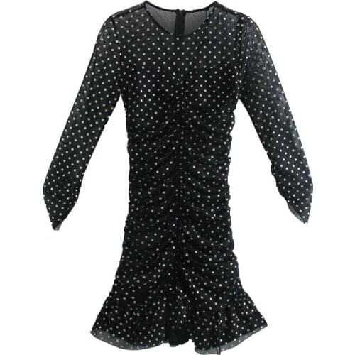 Women Drsss 2021 Fashion Za Transparent Mesh Dot Print Sexy Party Mini Dress Long Sleeve Chiffon Sheath Vestidos Mujer