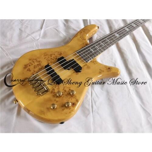Free shipping custom 5 string guitar bass ,ASH body,burl maple veneer,HH pickups,golden buttons,neck through body,active battery