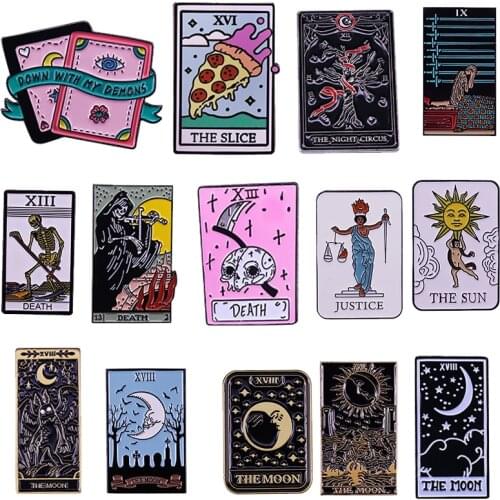 Tarot Card Enamel Pin Grim Reaper Death Sun Moon Justice Slice Night Circus Demons Badge Witch Brooch Witchcraft Divination Gift