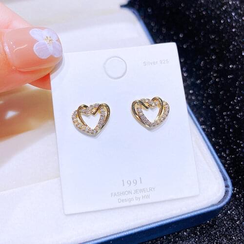 Delicate Fancy Women Heart Earrings Gold Color Micro Paved Cubic Zirconia Stud Earrings Jewelry