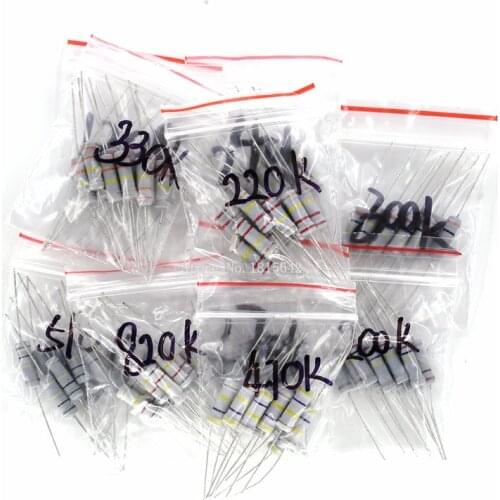 100PCS Carbon Film Resistor Kit 2W 120K 200K 220K 240K 270K 300K 330K 470K 510K 820K ohm 5% 2W Color Ring Resistance Set 10Value