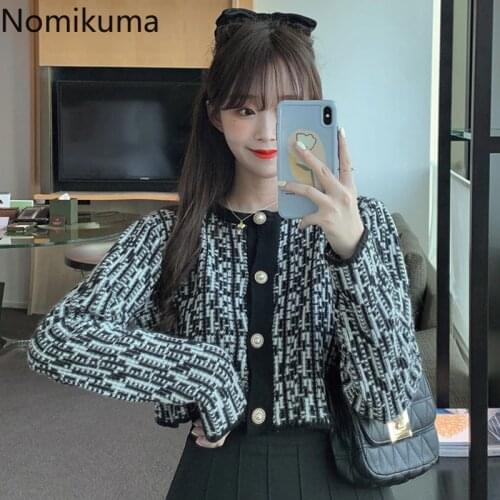 Nomikuma Korean Short Elegant Women Sweater Coat Single Breasted Long Sleeve O-neck Knit Cardigan Jacket 2020 Autumn New 6B459