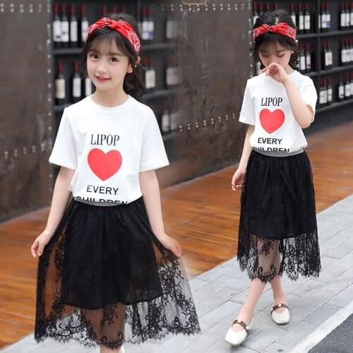 2018 Summer Girls Clothing Sets teenage Kids Clothes Suit letter t-shirt + long lace skirt 3-14 years Children Clothing set