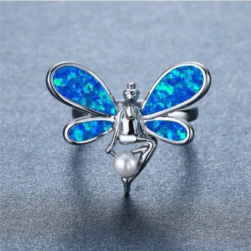 Cute Elf Angel Wings Ring White Blue Opal Round Small Pearl Ring Vintage Rose Gold Silver Color Wedding Rings For Women Jewelry