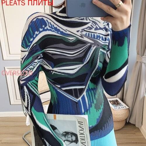 Fashion Half High Collar Bottoming Small Shirt Women Thin Spring and Autumn 2021 New Miyake Pleated Top Printing T-shirt