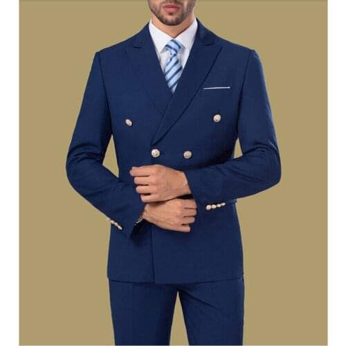Cheap Double breasted Formal Suits royal Blue Mens Suits 2 Pieces Groomsman Suit Wedding Party men Suit (Jacket+Pants+tie)