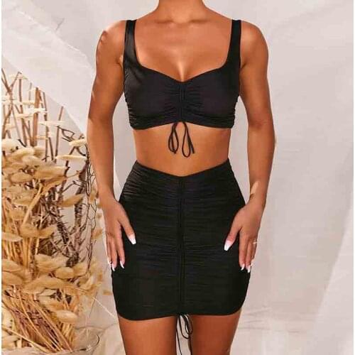 2021 Summer New Fashion Sexy Low-Cut Bag Hip Skirt Pleated Two-Piece Drawstring Womens Clothing