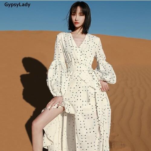 GypsyLady Cotton Polka Dot Maxi Dress White Spring Holiday Boho Dresses Long Lantern Sleeve Ruffles Split Causal Ladies Dress