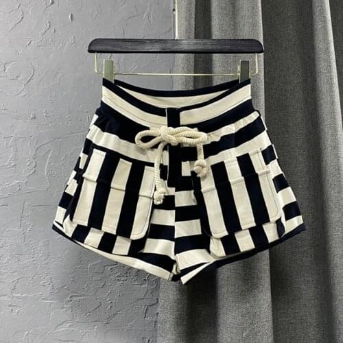Women Stripe Printing Pocket High Waist Shorts Bandage Easy Elastic Casual Short Pants Lady Elegant Drawstring Wild Shorts