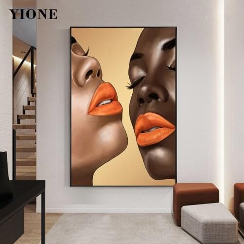 Modern Woman Face Canvas Painting Vogue Africa Girls Orange Lip Art Picture Print Wall Poster for Bedroom Living Room Decoration
