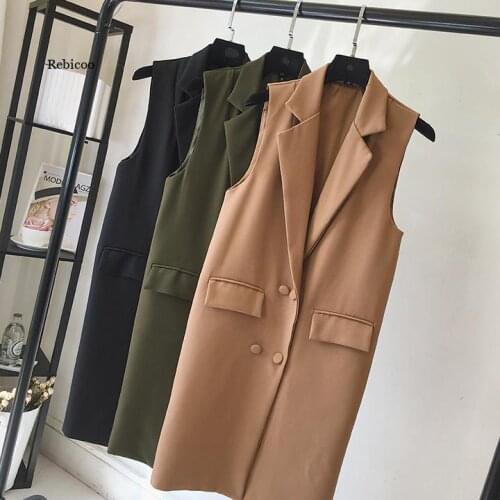Women Casual Blazer Vest Office Lady Long Suit Vest Spring Autumn Female Pockets Waistcoat Sleeveless Jackets Plus Size
