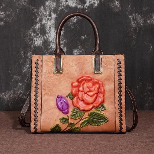 Retro Genuine Leather Floral New Versatile Chinese Style Brand Womens Handbags Oblique Satchel High Quality Luxury Shoulder Bag