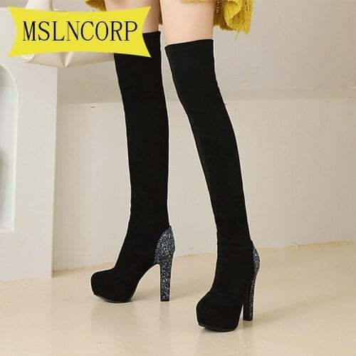 Plus Size 34-43 Winter Over The Knee Women Boots Stretch Fabrics High Heel Slip on Shoes Round Toe Woman Long BootsParty Shoes