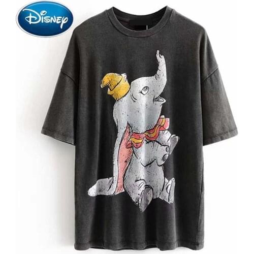 Disney Stylish Dumbo Elephant Cartoon Print Chic Fashion Women O-Neck Pullover Short Sleeve T-Shirt Casual Loose Tee Tops
