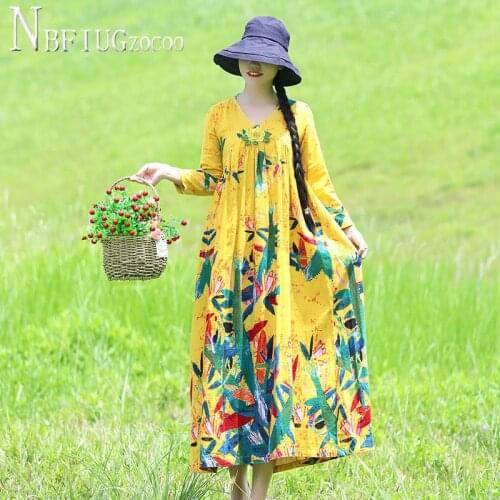 2020 Spring New Long Sleeve Women Dress Ethnic Retro V Neck Plus Size Female Dresses