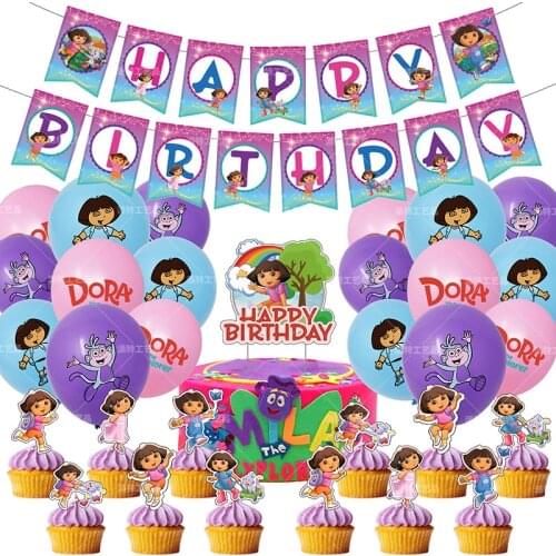 1Set Dora The Explorer Latex Balloons Cake Toppers Flag Banner Set Happy Birthday Party Baby Shower Girls Gift Decoration Toys